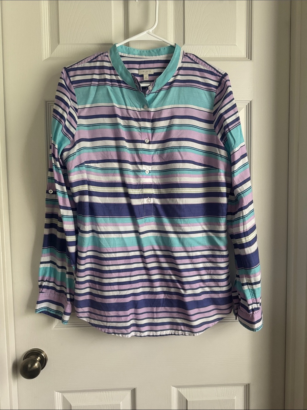 Talbots Striped Button-Front Tunic in Mint, Lavender & Navy